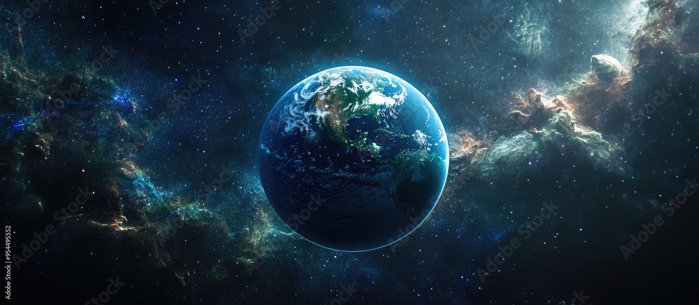 Poster Cartoon rendering in 3D of Planet Earth surrounded by dark outer space nebula and galaxy Milky Way