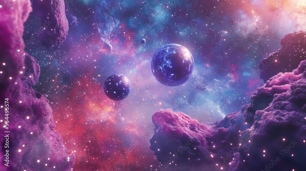 Poster Abstract universe illustration as a background in 3D cartoon rendering
