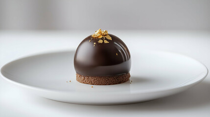 A luxurious chocolate dome dessert topped with a delicate gold leaf garnish, presented elegantly on a white plate.