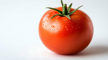 A close-up image of a fresh, ripe tomato with water droplets on its surface, showcasing its vibrant red color and natural texture.