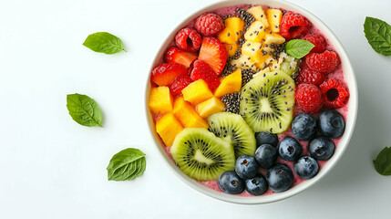 A vibrant smoothie bowl topped with fresh kiwi, mango, blueberries, strawberries, and raspberries, garnished with chia seeds.