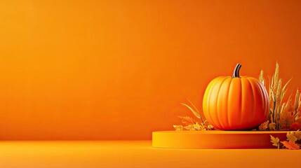 Harvest Festivities - 3D Render of Thanksgiving Podium with Giant Pumpkin Centerpiece, Corn Stalks, and Autumn Leaves for Seasonal Display with Copy Space