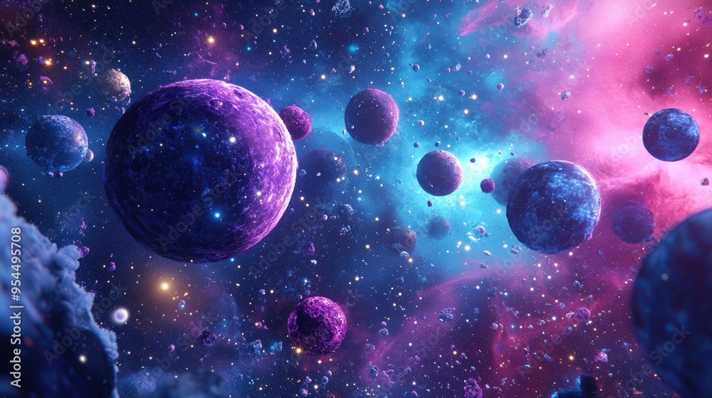 Poster abstract background of universe bodies in 3d cartoon rendering
