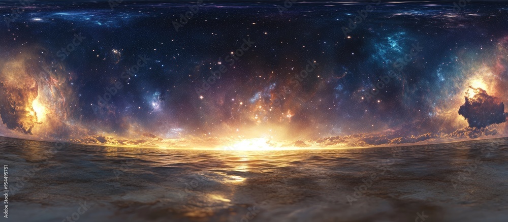 Poster 360 degree space background with nebula and stars featuring a 3D cartoon rendering equirectangular projection and environment map in HDRI spherical panorama 3D illustration