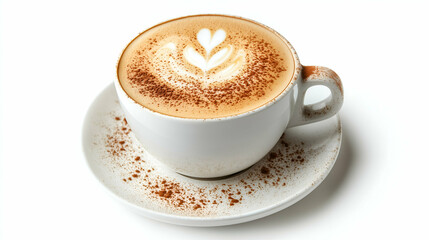 Obraz premium A beautifully crafted cappuccino served in a white cup with delicate latte art and a light dusting of cocoa powder.