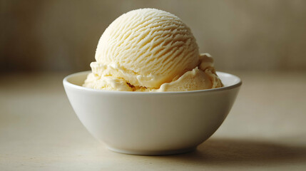 A single scoop of vanilla ice cream served in a white bowl, showcasing its creamy and smooth texture.