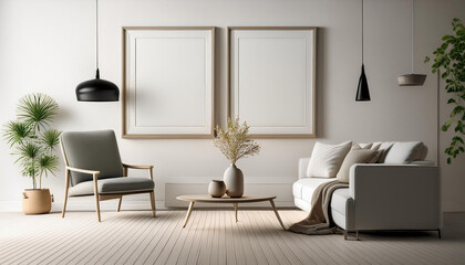 3d render mockup frame in white simple living room interior background
