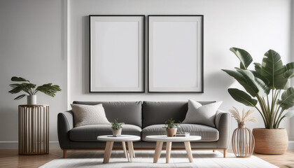 3d render mockup frame in white simple living room interior background