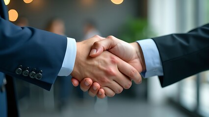 Professional handshake sealing a deal with blurred background for corporate and business concepts.