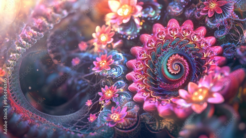 Poster Abstract fractal patterns and shapes rendered in 3D cartoon style Dynamic natural forms with flowers and spirals Enigmatic psychedelic relaxation design