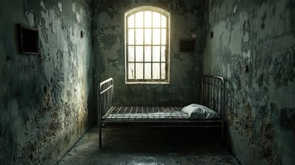 Desolate prison cell, with a metal bed and a tiny window letting in minimal light, cold and unwelcoming space