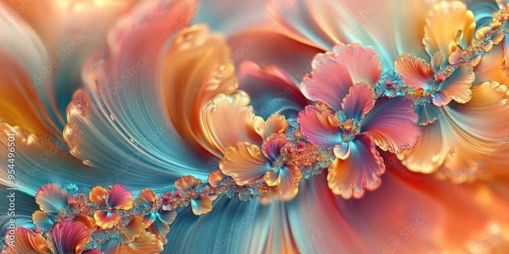 Poster Beautiful Abstract Background in 3D cartoon rendering Colorful floral fractal art Modern graphic with digital fantasy effects Trendy desktop wallpaper featuring futuristic fractal patterns suitable
