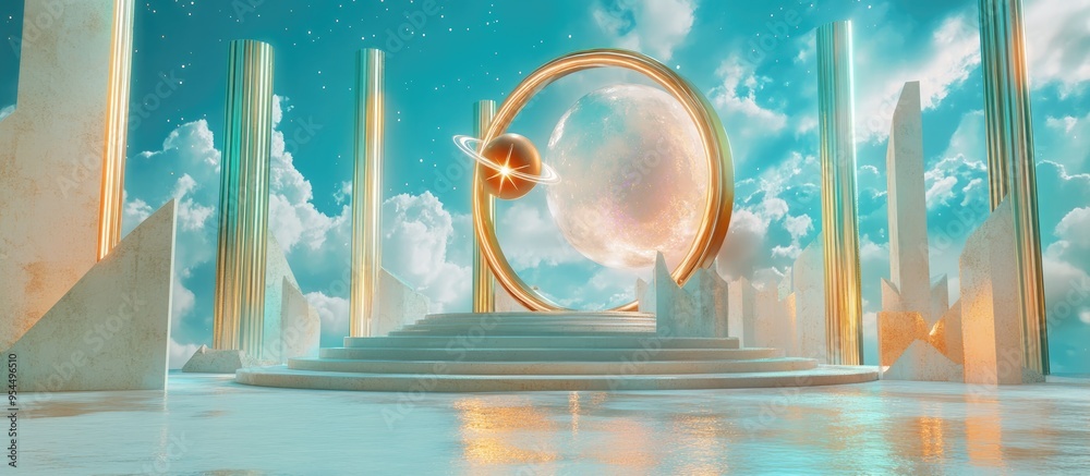 Aufkleber Beautiful abstract illustrations of a satellite and star symbol icon on a fountain and column background in a 3D cartoon rendering 3D rendering illustration Background pattern for design Space exp