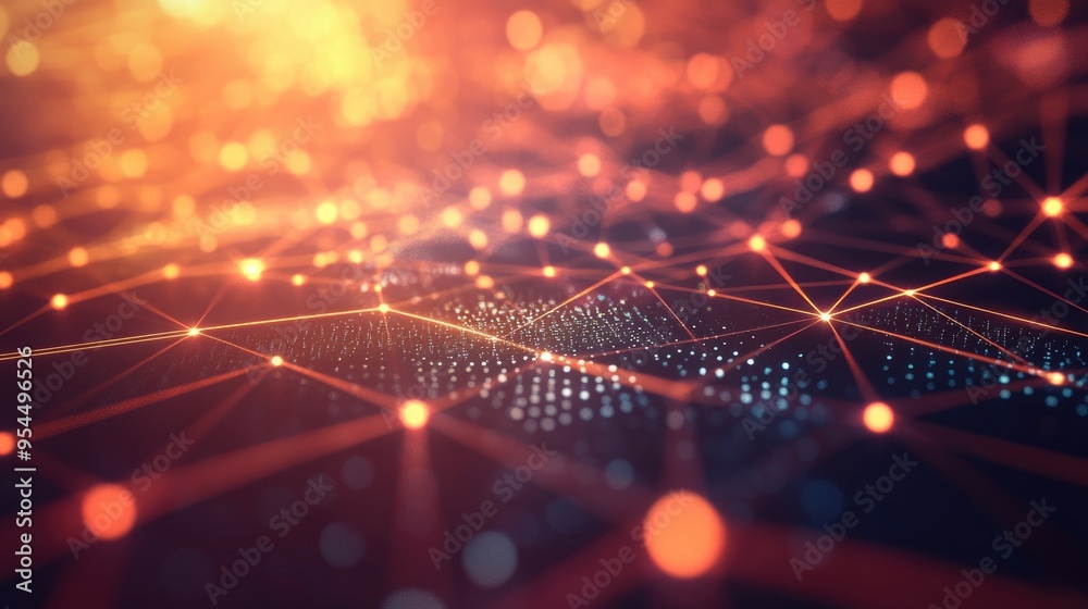 Poster Futuristic concept of data analysis featuring illuminated grid connected particles and blurred lines representing big data and visualizations of artificial intelligence with lens effects