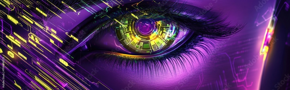 Poster Abstract cyber technology concept background featuring a 3D cartoon rendering of purple yellow and green eyes illustrated with circuits and binary code conveying a sense of motion and speed