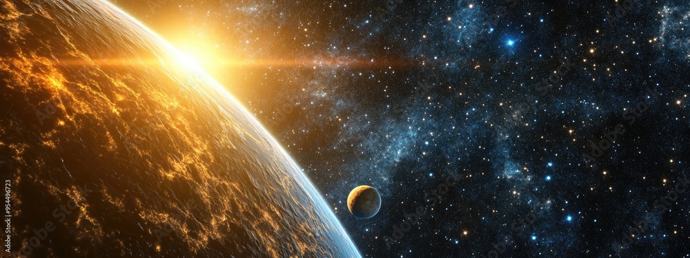 Poster 3d cartoon depiction of stars venus sirius and earth from space featuring dawn and the atmosphere of