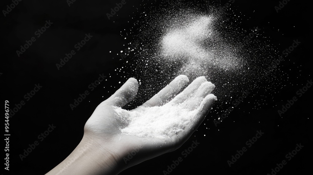Poster freeze motion explosion of white dust on a black background created with 3d cartoon rendering showca