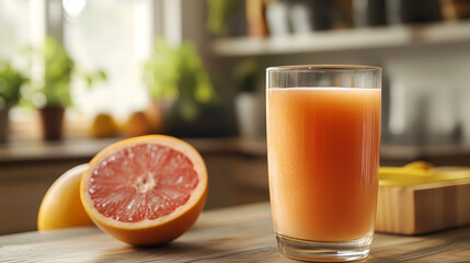 A refreshing glass of freshly squeezed grapefruit juice placed on a wooden table in a bright, sunlit kitchen.