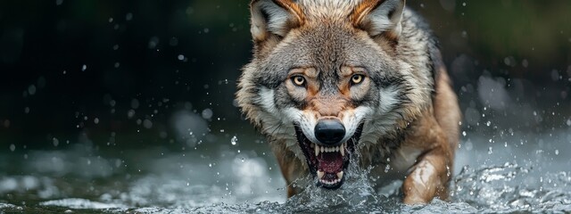  A wolf with its mouth open, wading through the water