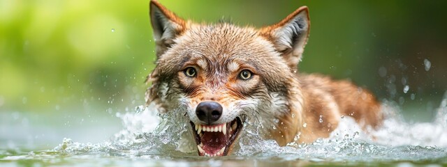  A close-up of a wolf at the water's edge, mouth agape