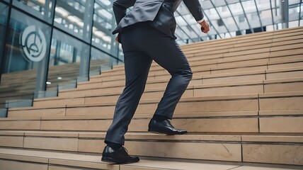 Business professional ascending outdoor steps in sunlight, symbolizing career growth and ambition.