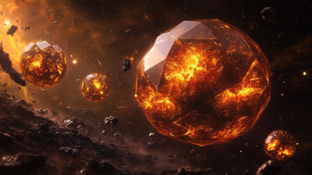 This 3D illustration features diamond like exoplanets specifically showcasing 55 Cancri e