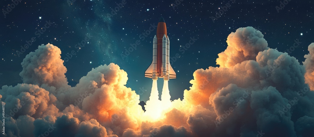 Aufkleber 3D cartoon rendering of a new spaceship shuttle successfully lifting off into the starry sky with blasts and puffs of smoke Space mission and rocket launch