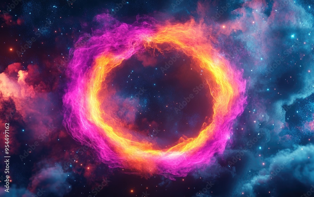Aufkleber Abstract nebula ring in a vibrant mix of warm colors rendered in 3D cartoon style perfect for enhancing your creative space project This artwork can be utilized as a striking banner or web design