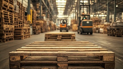 Wooden pallets in an industrial warehouse, forklifts moving crates in the background, Steampunk style, muted metallic colors, intricate mechanical details, sepia tones.--style raw