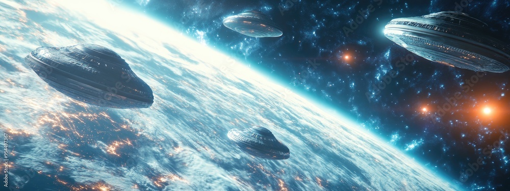 Poster 3D illustration featuring unidentified objects from space in a cartoon rendering depicting contact with extraterrestrial beings