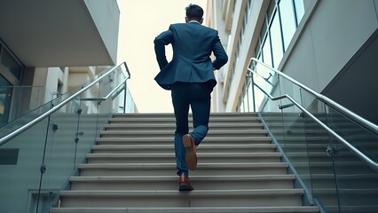 Business professional ascending outdoor steps in sunlight, symbolizing career growth and ambition.