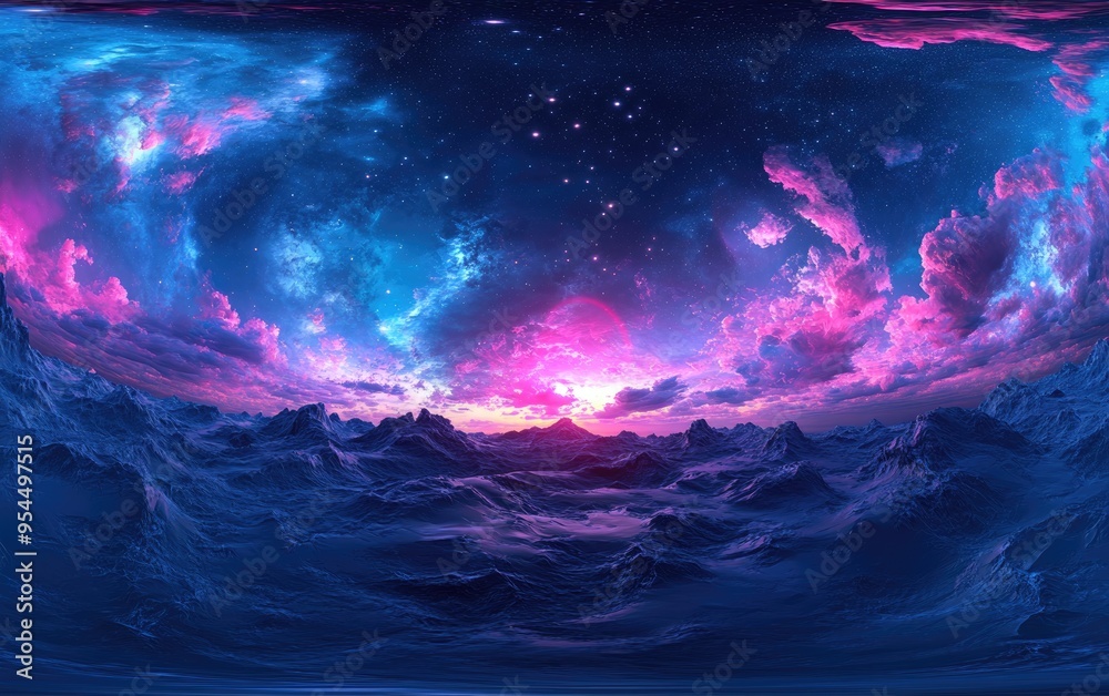 Aufkleber 360 degree equirectangular projection of a space background featuring nebulae and stars designed as an environment map with HDRI spherical panorama in 3D cartoon rendering