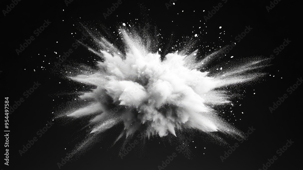 Poster white powder explosion on a black background in a 3d cartoon rendering