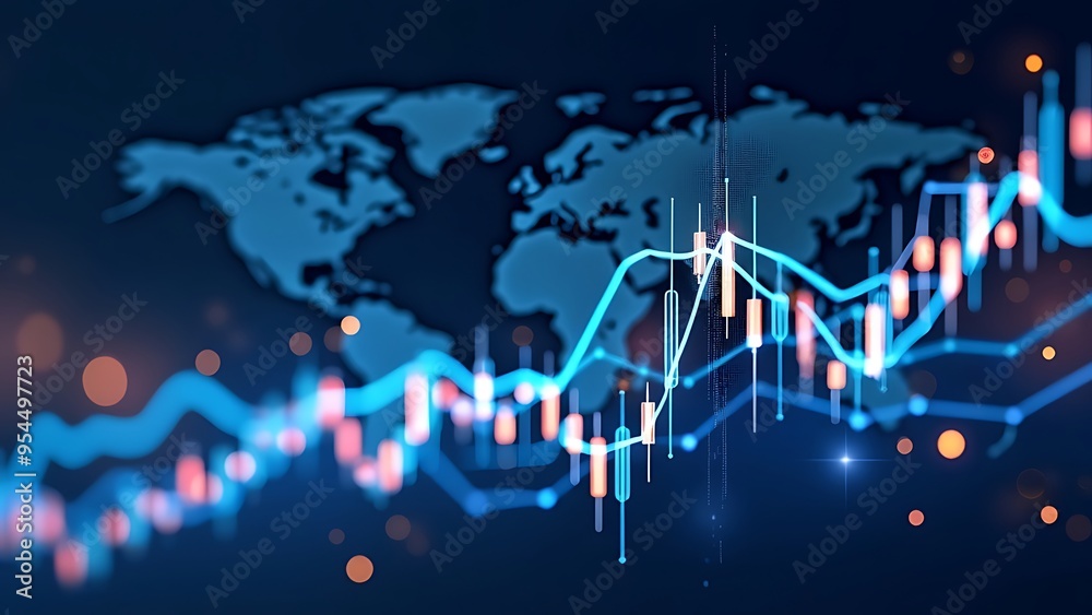 Canvas Prints Digital illustration features a dynamic financial graph with glowing candlestick bars on a dark background, representing market trends, growth, and investment opportunities in the global economy.