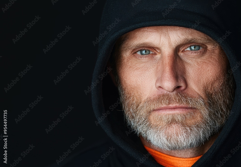 Poster rugged man with beard in hooded jacket