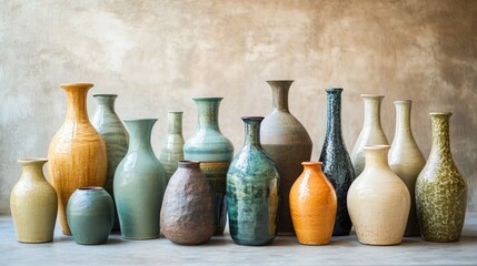 Handmade pottery vases in a variety of shapes and colors, arranged together as a vintage ceramic collection.