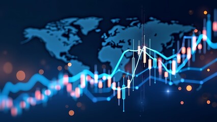 Digital illustration features a dynamic financial graph with glowing candlestick bars on a dark background, representing market trends, growth, and investment opportunities in the global economy.