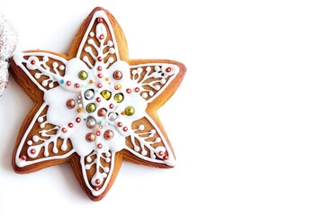 Obraz premium Beautiful star-shaped cookie decorated with icing and colorful beads, perfect for holiday treats and festive gatherings.