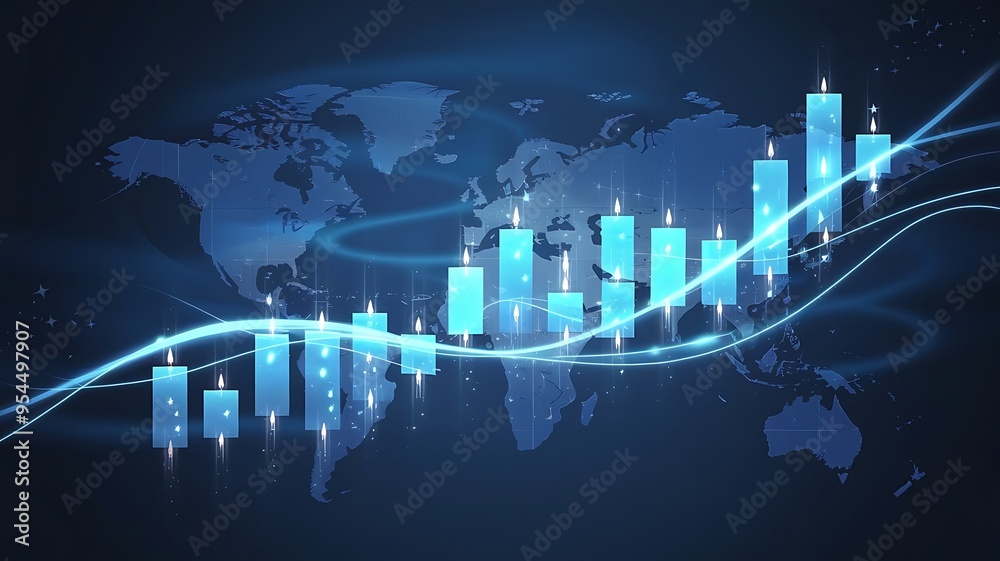 Wall mural Digital illustration features a dynamic financial graph with glowing candlestick bars on a dark background, representing market trends, growth, and investment opportunities in the global economy.