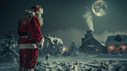 Santa Claus in a snow-covered village by moonlight, surrounded by quaint cottages on a tranquil winter night