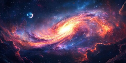 Fototapeta premium A swirling galaxy with a fiery core, a distant planet and scattered stars.