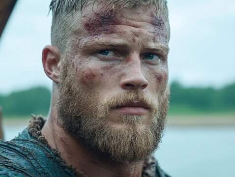 rugged man with beard in nature