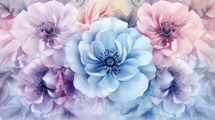 Symmetrical design featuring elegant flowers in pastel plum light blue and various other pastel hues set against a vibrant multi colored backdrop