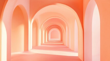 Naklejka premium Surreal 3D render of an abstract arch tunnel with a peach pastel vertical backdrop embodying the 2024 color trend Dreamlike interior illustration