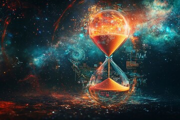 hourglass floating in a galaxy, with business icons forming as the sand flows downward side view symbolizing innovation over time cybernetic tone Complementary Color Scheme. Generative Ai