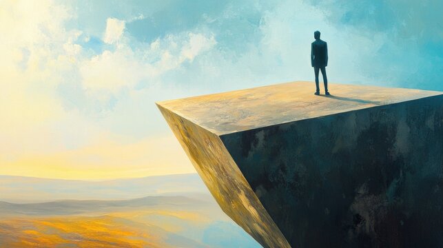 Individual at the precipice Thought provoking Dreamlike Boundless surroundings Isolated figure Suspended large object Artwork Geometric forms Contemporary art Two dimensional representation