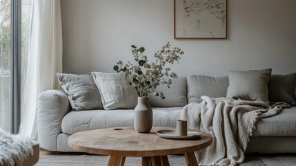 Minimalistic Scandinavian living room with a wide gray sofa, cozy blankets, and a wooden table centered with a vase of flowers. Clean lines and natural light