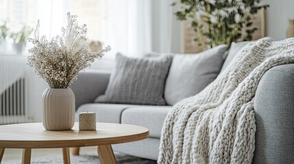 Modern Scandinavian interior, featuring a wide gray sofa with cozy blankets, and a wooden table with a vase of flowers at the heart of the room