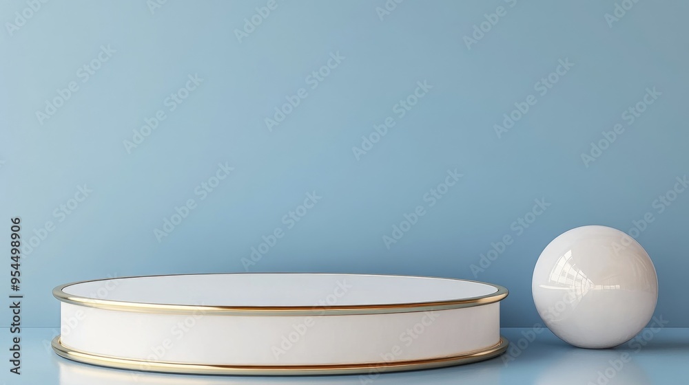 Poster empty white cylinder podium with a gold border and a spherical object set against a blue backdrop ab