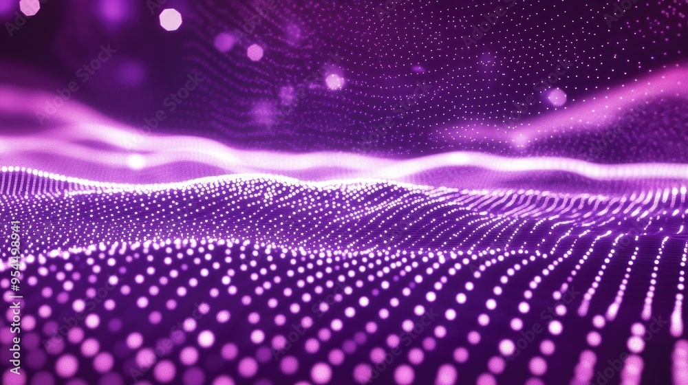 Poster glowing white points with light trails flow across a grid set against a purple background representi